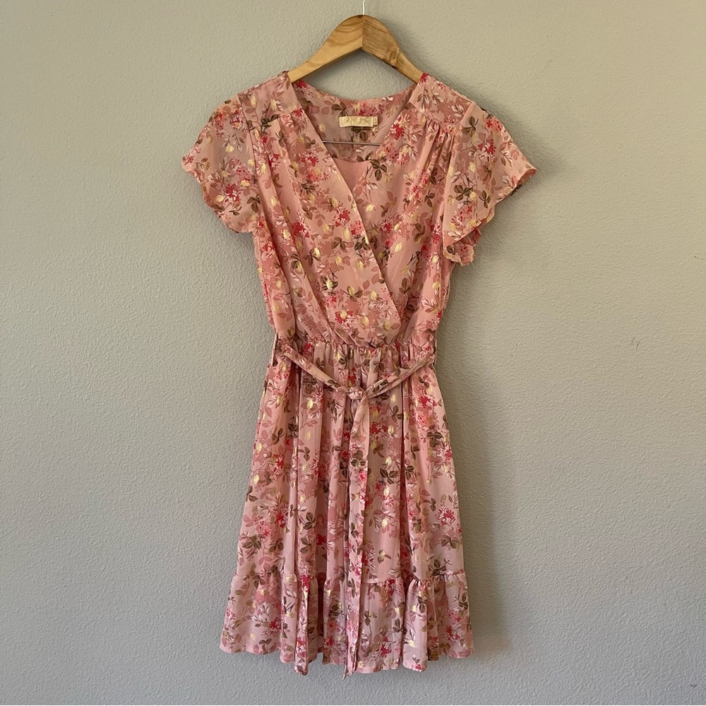 Sublime Collection Powder Pink Floral Fairy Surplice Chiffon Dress Size S/M